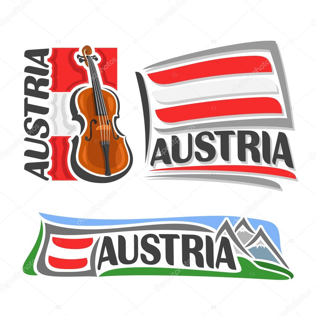 Vector logo for Austria, consisting of 3 isolated illustrations: violin, fiddle on background of national state flag, symbol of Austria and austrian flag beside Alps mountains close-up