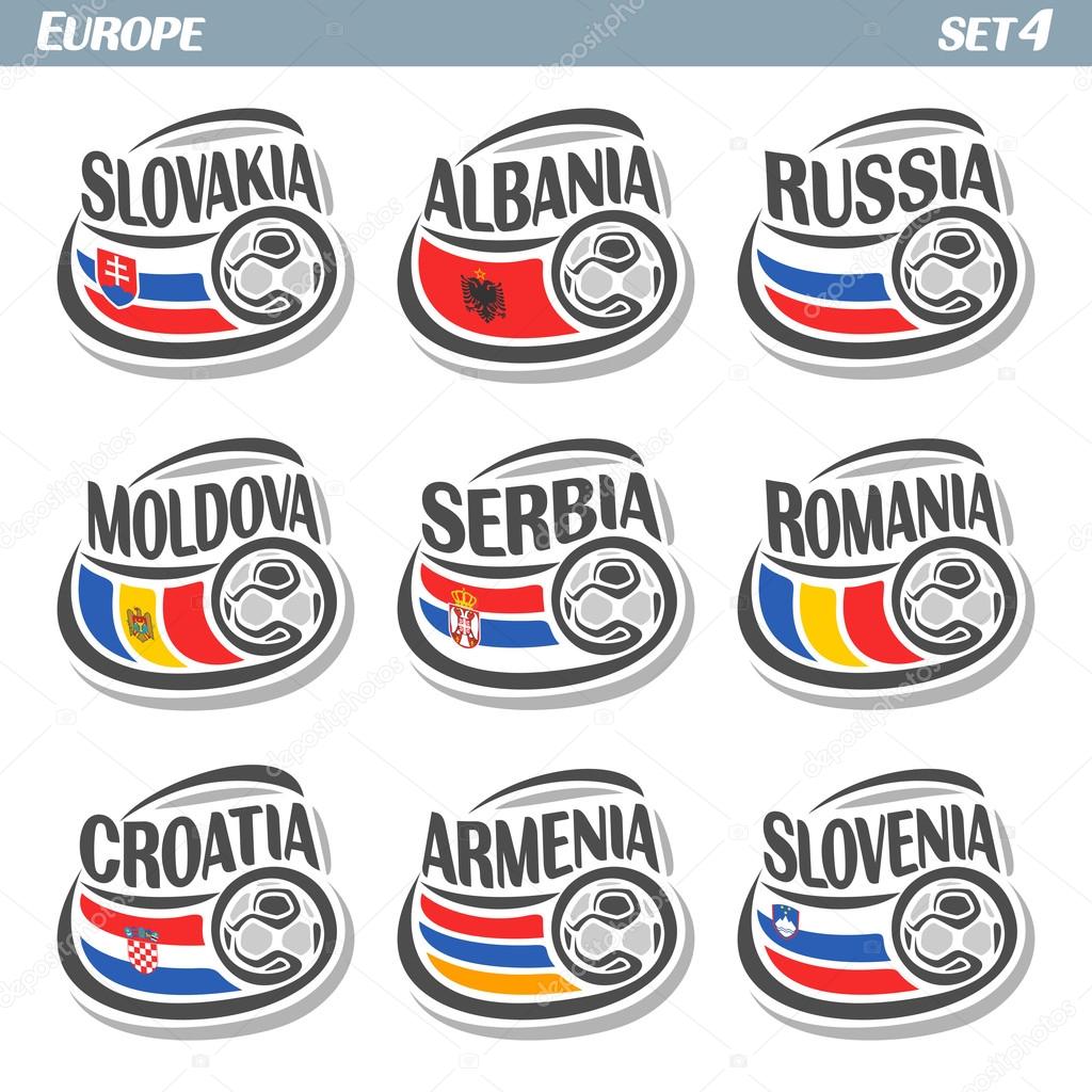 Vector logo for European football, soccer Slovakia, Albania, Russia, Moldova, Serbia, Romania, Croatia, Armenia, Slovenia, set 9 isolated illustrations: state flags, soccer balls. Championship Euro