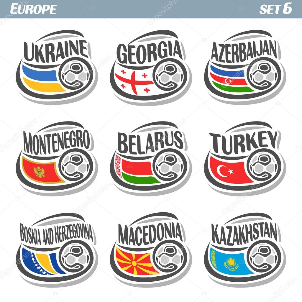 Vector logo for European football, soccer Ukraine, Georgia, Azerbaijan, Montenegro, Belarus, Turkey, Bosnia and Herzegovina, Macedonia, Kazakhstan, set state flags, soccer balls. Championship Euro