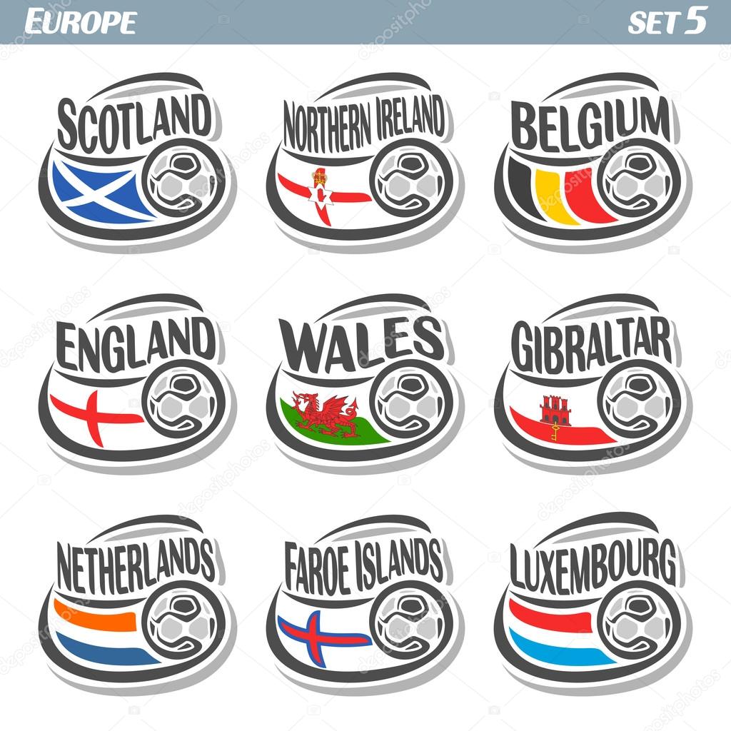 Vector logo for European football, soccer Scotland, Northern Ireland, Belgium, England, Wales, Gibraltar, Netherlands, Faroe Islands, Luxembourg, isolated: state flags, soccer balls. Championship Euro