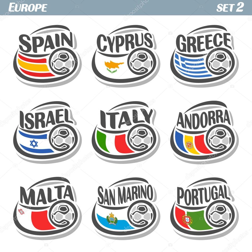 Vector logo for European football, soccer Spain, Cyprus, Greece, Israel, Italy, Andorra, Malta, San Marino, Portugal, set 9 isolated illustrations: state flags, soccer balls. Championship Euro
