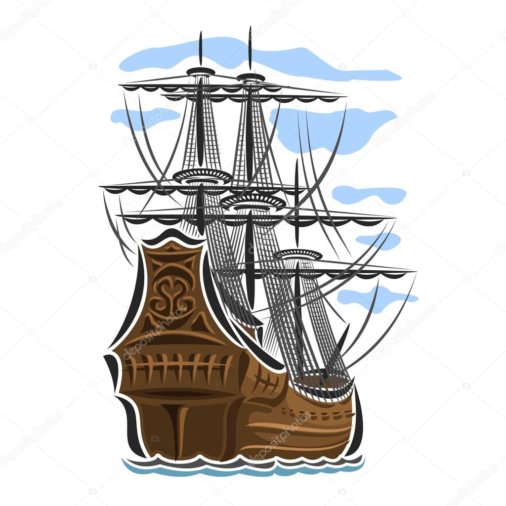 Vector logo pirate sailing ship, sailboat, sailer, vessel, sailing, barque, craft, frigate, caravel, galleon, schooner, floating blue sea, ocean, waves. Cartoon pirate sailing old vessel