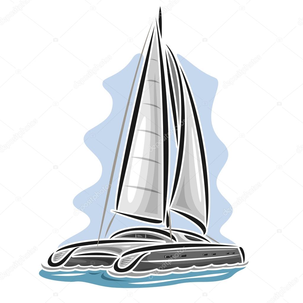 Vector logo sailing catamaran, sailboat, sailer, sloop, ship, sail boat, floating blue sea, ocean, waves. Cartoon sailing catamaran, sea summer regatta, yachting extreme sport race, sea sailing travel