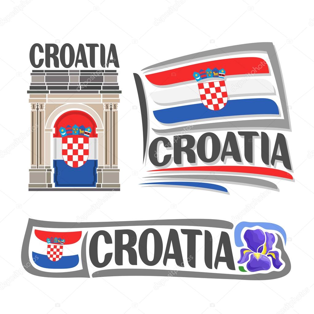 Vector logo for Croatia, consisting of 3 isolated illustrations: Triumphal Arch of Sergius on background of national state flag, symbol of Croatia and croatian flag beside purple iris flower close-up