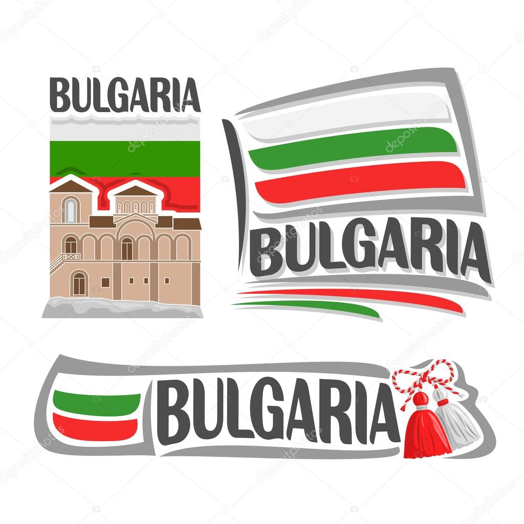 Vector logo for Bulgaria, consisting of 3 isolated illustrations: Asenova Fortress on background of national state flag, symbol of Bulgaria and bulgarian flag beside red and white martenitsa close-up
