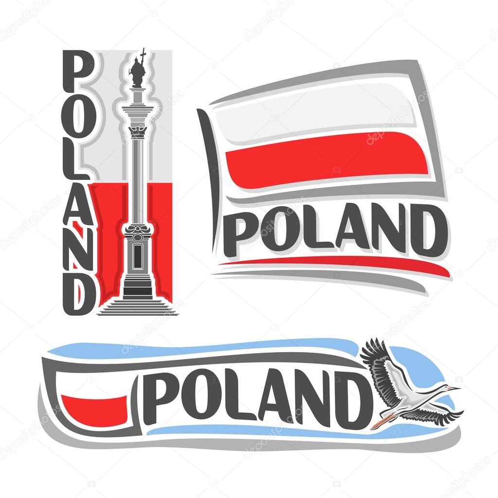 Vector illustration of the logo for Poland, consisting of 3 isolated illustrations: national flag behind Sigismund's Column, horizontal symbol of Poland and the flag on background of stork