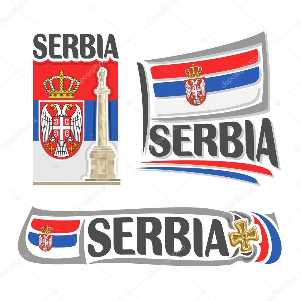 Vector logo for Serbia, consisting of 3 isolated illustrations: Statue of Pobednik Victor in Belgrade on background of national state flag, symbol of Serbia and serbian flag beside brojanica close-up