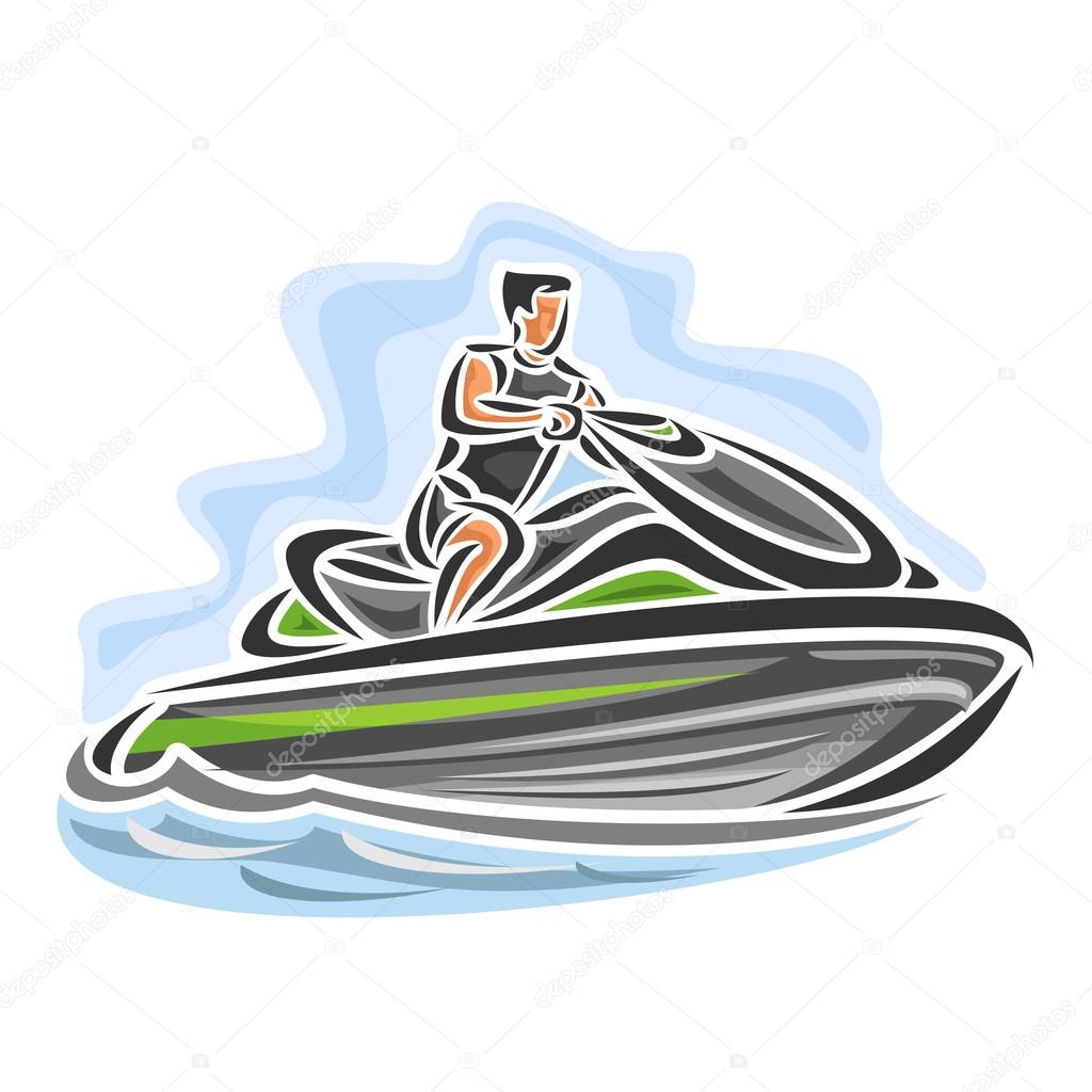 Vector illustration of logo for high-speed jet ski, consisting of speed power water motorcycle bike, floating on the ocean sea waves, sport racing jet ski close-up on blue background