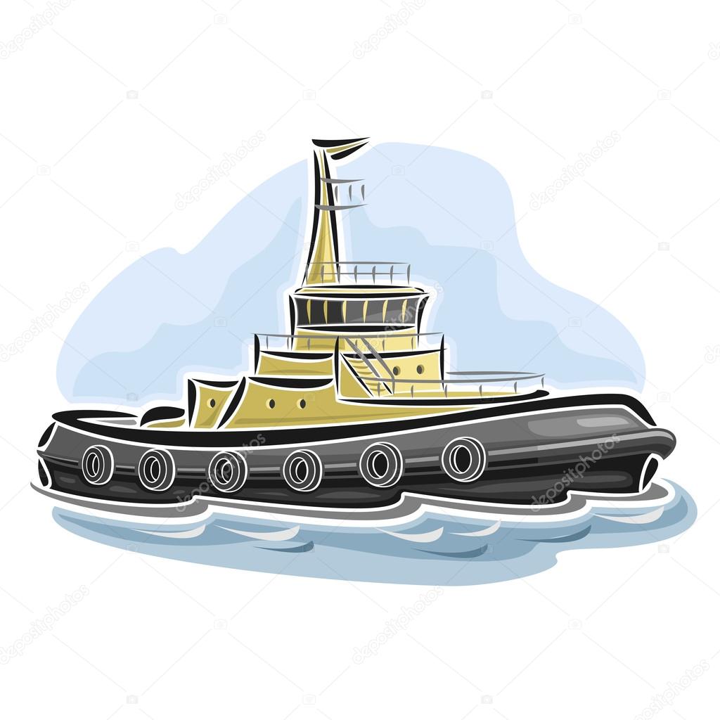 Vector illustration of logo for tugboat tow-line at the seaport, consisting of powerful tug in port harbor to take in tow, floating on the ocean sea waves close-up on blue background