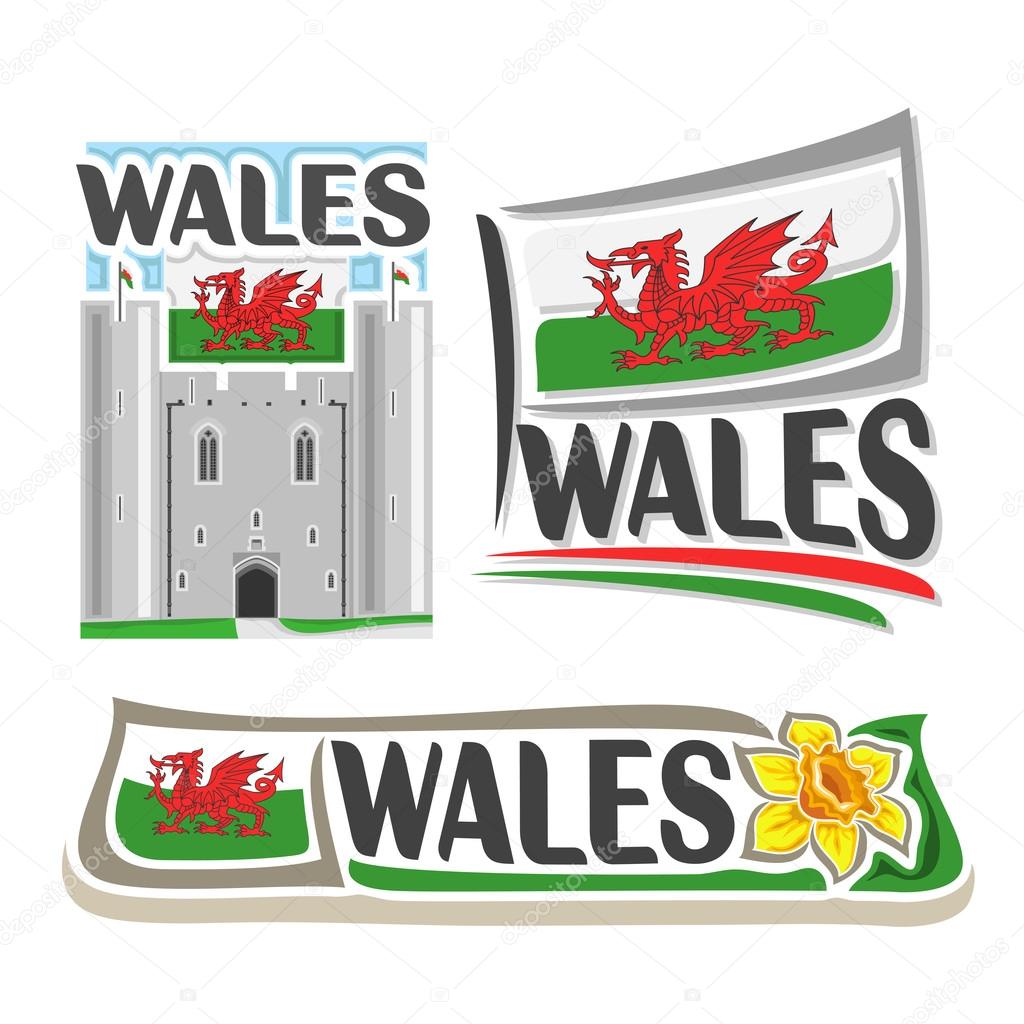 Vector logo for Wales, consisting of 3 isolated illustrations: Caerphilly castle east gatehouse on background of national state flag, symbol of Wales and welsh flag beside yellow daffodil close-up