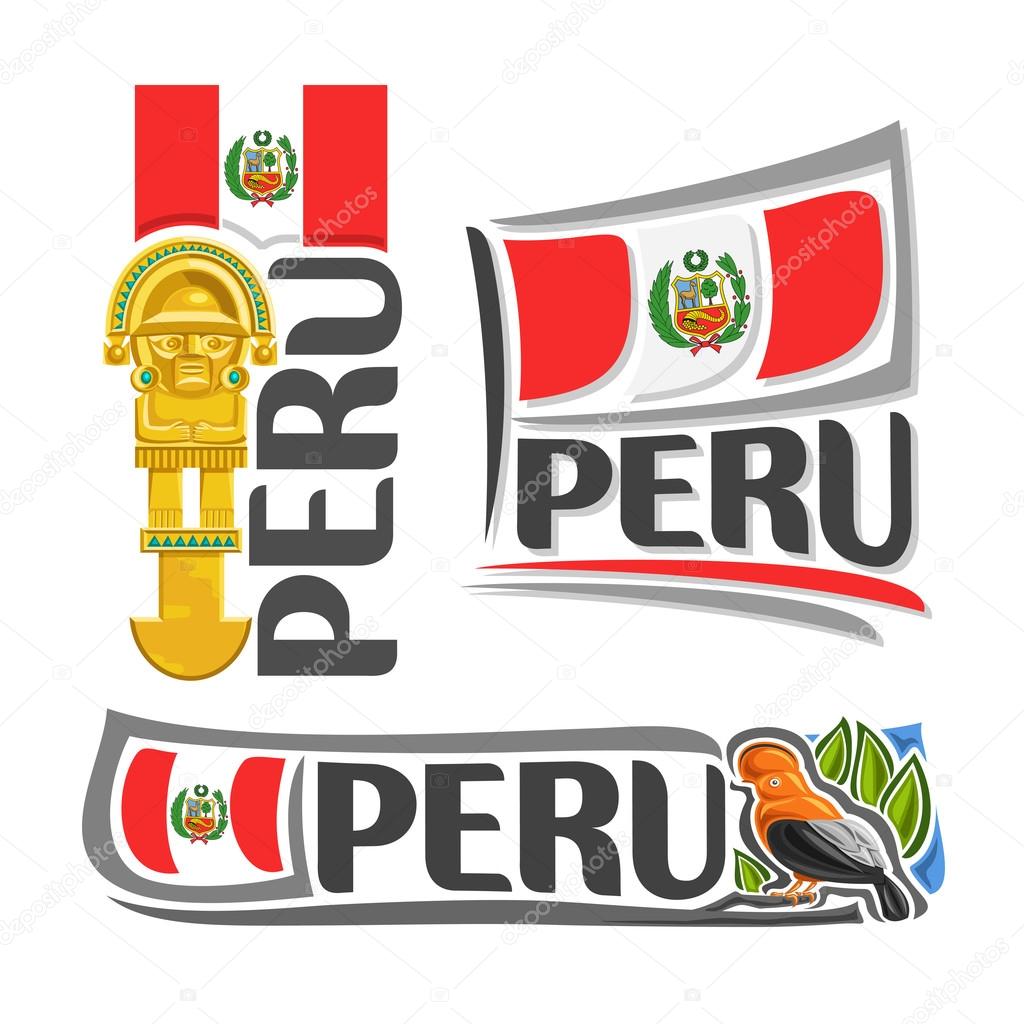 Vector logo Peru, 3 isolated illustrations: inka tumi ceremonial knife, ritual golden axe on background of national state flag, peruvian flag Republic of Peru beside symbol - andean cock-of-the-rock