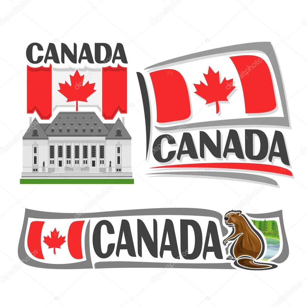 Vector logo for Canada, 3 isolated illustrations: Supreme Court in Ottawa on background of national state flag, symbol of Canada and canadian flag beside beaver near river and forest close-up