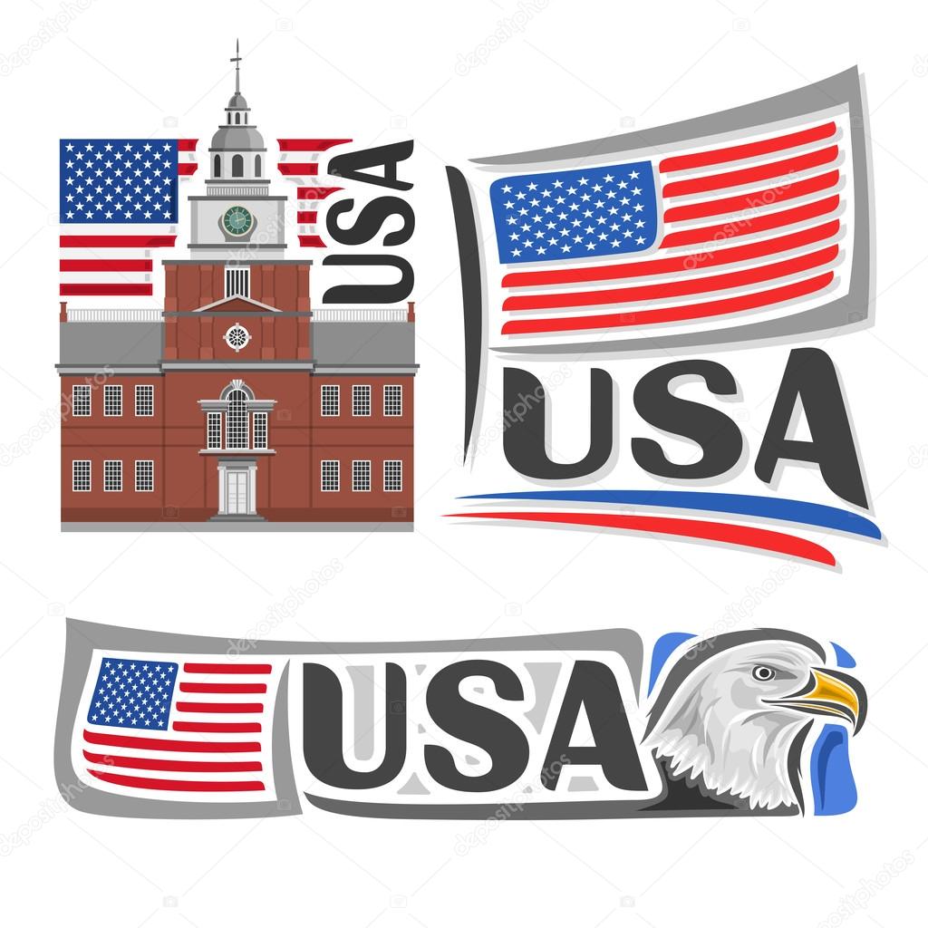 Vector logo USA,3 isolated illustrations: Independence Hall in Philadelphia on background of american national state flag, symbol of USA and flag of United States of America beside bald eagle close-up