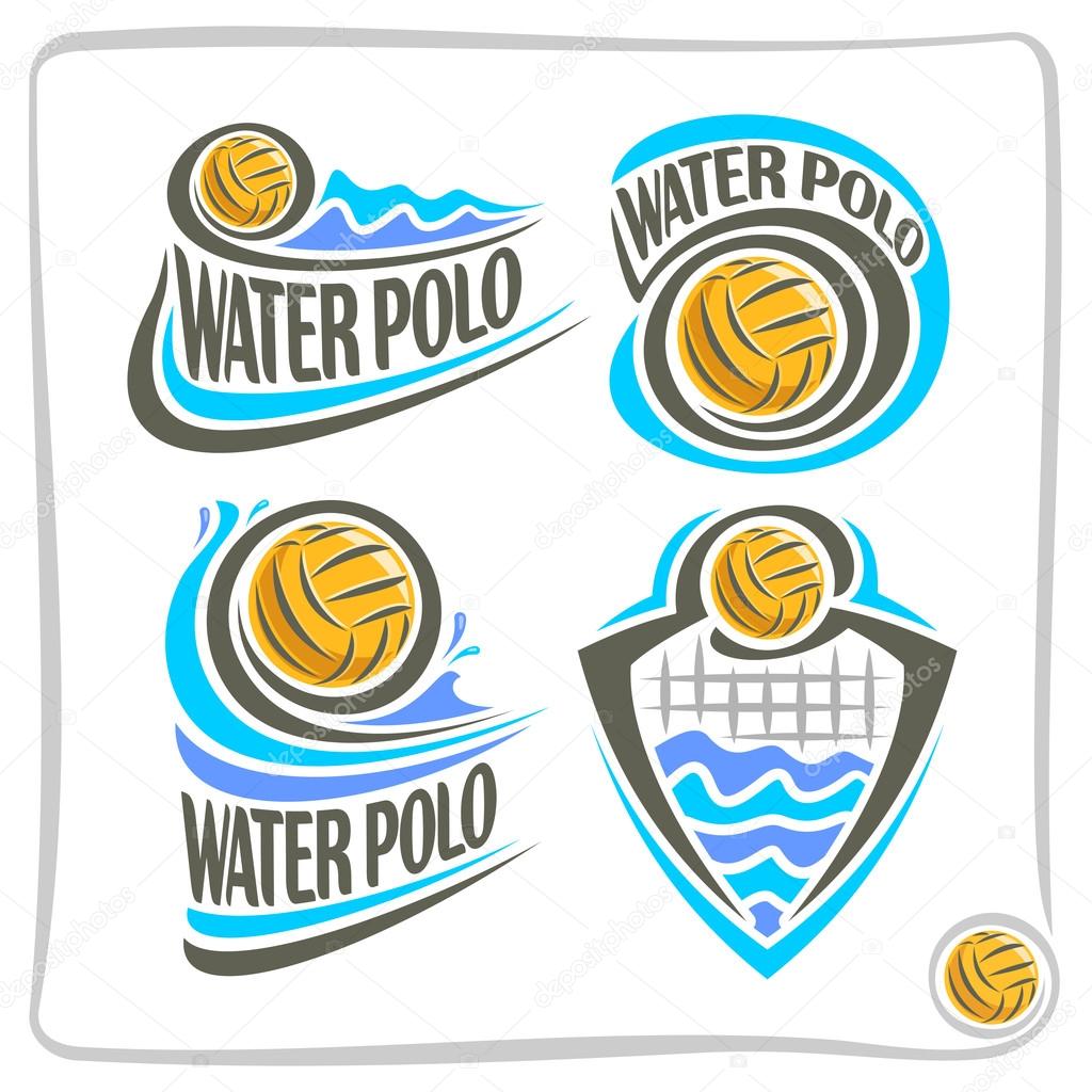 Vector abstract logo icon for Water Polo Ball, decoration emblem sign for sports club, yellow water polo ball floating on background summer waves, waterpolo equipment, design concept insignia blazon.