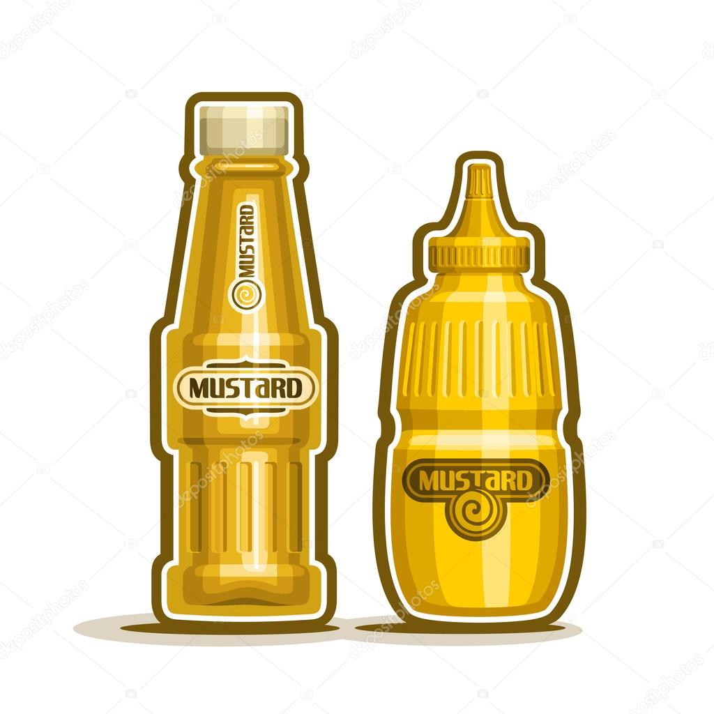 Vector logo mustard jar, yellow plastic squeeze bottle squirt and glass cartoon container dispenser dijon spicy paste. Yellow Mustard Jar for kitchen american cafe bistro fast food on white background