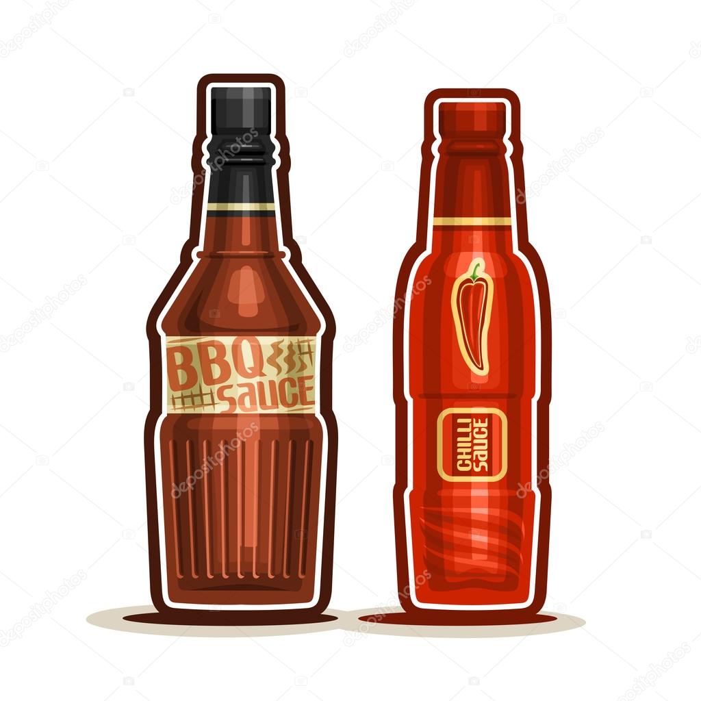 Vector logo BBQ and Chilli Sauce Bottles, container with red barbecue sauce with black cap, glass bottle with chili dressing isolated on white background, jar pepper ketchup mexican cuisine for picnic
