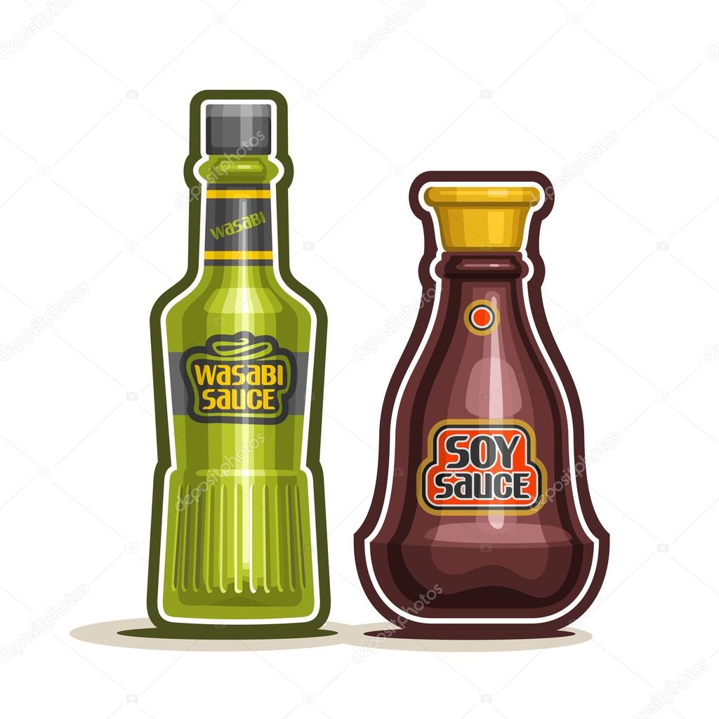 Vector logo Wasabi and Soy Sauce Bottle, green container with hot spice condiment wasabi paste, glass cartoon jar with salt brown oriental soy sauce, seasoning japanese cuisine on white background.