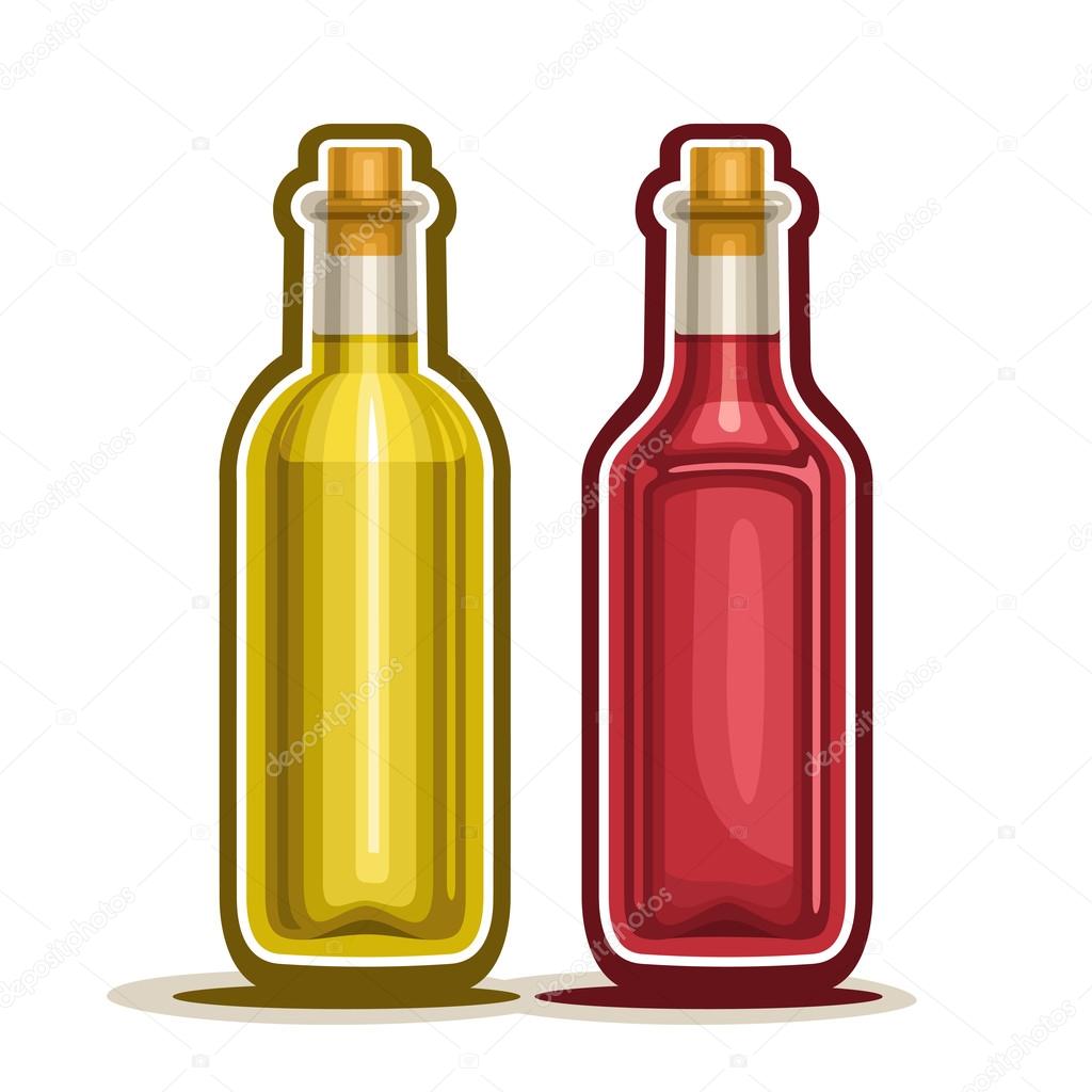 Vector logo Red and Yellow Wine Bottles, container rose alcohol drink with wooden cork, glass bottle fruit apple vinegar and berry white grape juice, isolated on white background, fresh olive oil.
