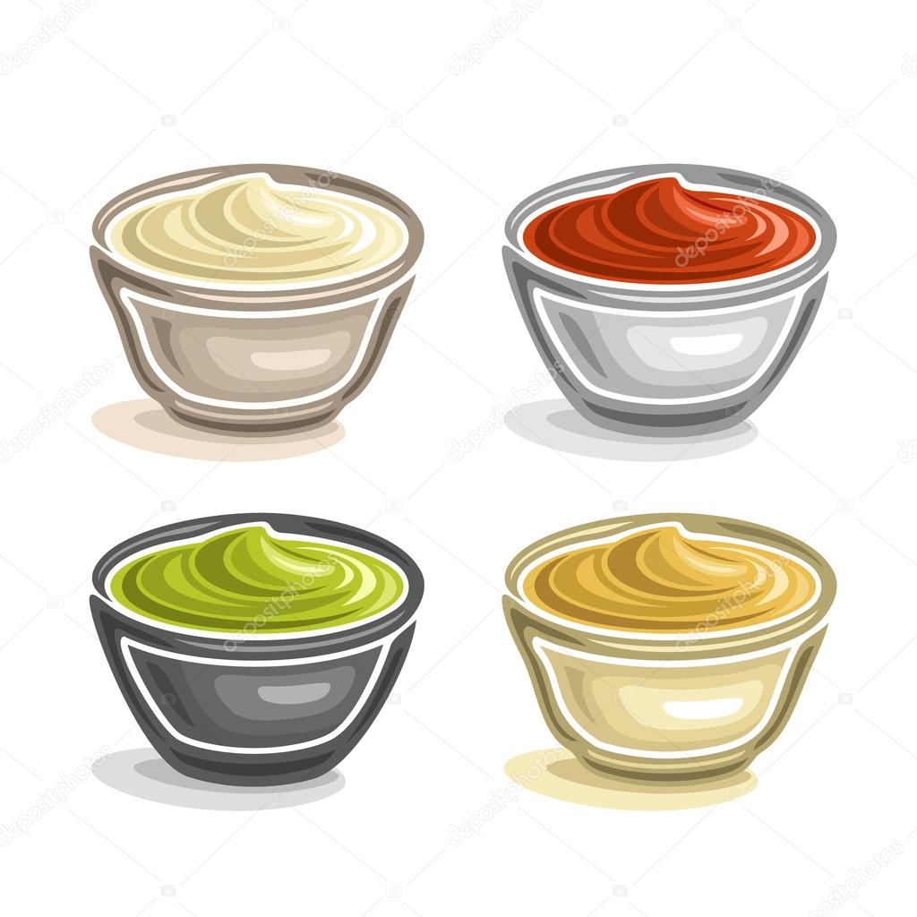 Vector abstract logo ceramic dip bowl, filled different homemade gravy dressing tomato and spicy sauce.Top set of four bowls with seasoning cream close-up, isolated on white background.