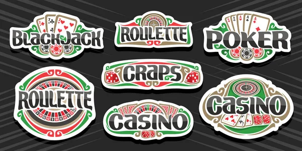 ギャンブルロゴのベクトルセット ギャンブルシンボルのイラストが描かれた7つの独立したラベル ヴィンテージデザインの装飾看板のコレクションが花開き ギャンブルの言葉のためのユニークなブラシフォント — ストックベクタ
