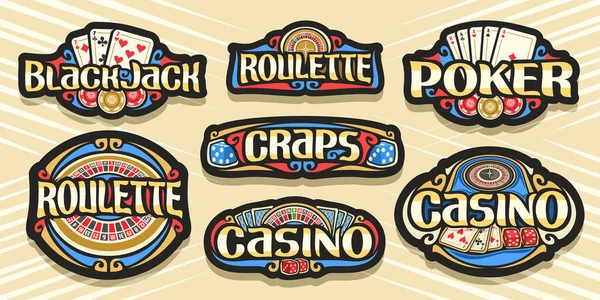 ギャンブルロゴのベクトルセット ギャンブルシンボルのイラストが描かれた7つの独立したラベル ヴィンテージデザインの装飾看板のコレクションが花開き ギャンブルの言葉のためのユニークなブラシフォント — ストックベクタ