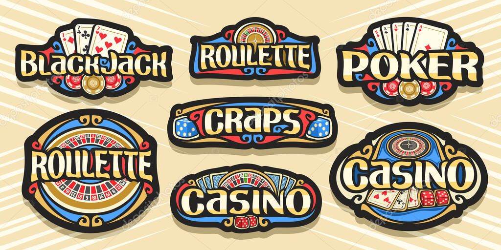 Vector set of Gambling Logos, 7 isolated labels with illustration of gamble symbols, collection of decorative sign boards with vintage design flourishes and unique brush typeface for gambling words.