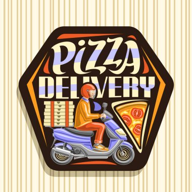 Pizza Teslimatı için vektör logosu, üzerinde pizza kutularıyla mavi motosikletli kurye illüstrasyonu, pizza teslimatı için eşsiz harfleri olan pizzacılar için dekoratif rozet..