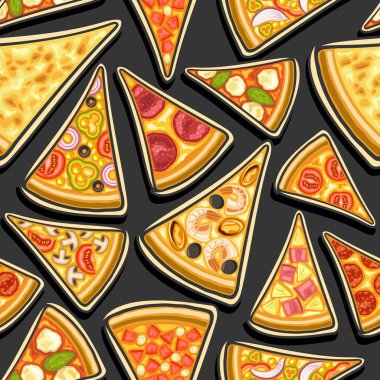 Vektör Pizzasız Desen, kare tekrarlayan pizza arkaplanı, düz üçgen pizza dilimlerinin çizimleri koyu arkaplanda çeşitli şekillerde, pizzacı masa örtüsü deseni