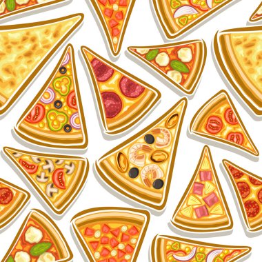 Vektör Pizzasız Desen, kare tekrarlayan pizza arkaplanı, düz üçgen çizimler beyaz arka planda çeşitli pizza dilimleri, pizzacı masa örtüsü deseni.