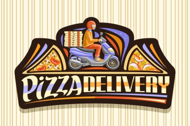 Pizza Teslimatı için vektör logosu, üzerinde pizza kutularıyla mavi motosikletli sürücünün resmi olan koyu etiket, pizza teslimatı için orijinal harflerle pizzacı için dekoratif tabela..