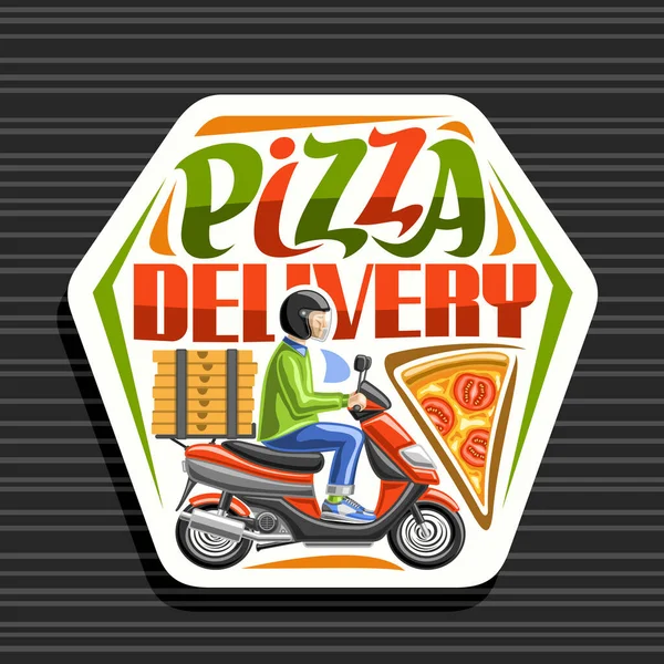 Pizza Teslimatı için vektör logosu, üzerinde pizza kutularıyla kırmızı motosikletli kurye illüstrasyonu olan beyaz etiket pizza teslimatı için eşsiz harfli pizzacılar için dekoratif rozet..