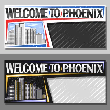 Phoenix için fotokopi alanı olan vektör yerleşimleri, Phoenix şehrinin gündüz ve alacakaranlık gökyüzü arkaplanı resimli dekoratif kuponu, Phoenix 'e hoş geldiniz diyen sanat tasarımı turizm kuponu..
