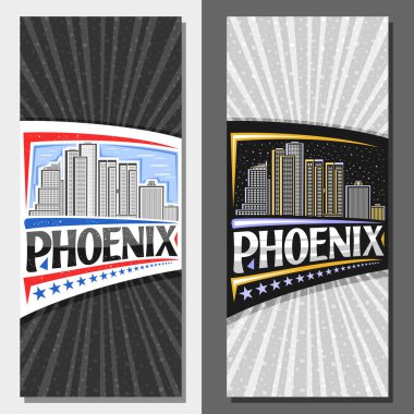 Phoenix için vektör dikey yerleşim planı, Phoenix şehrinin gündüz ve alacakaranlık gökyüzü arkaplanının çizgili broşürü, resim tasarımı turist kartı, anka kuşu için eşsiz harfler.