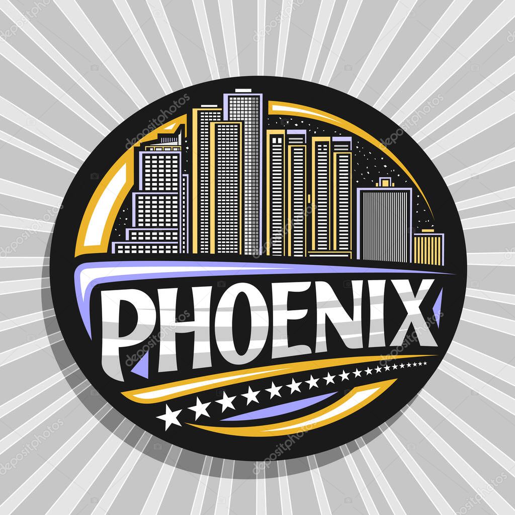 Vector logo for Phoenix, black decorative badge with outline illustration of famous phoenix city scape on dusk sky background, art design tourist fridge magnet with unique letters for word phoenix.