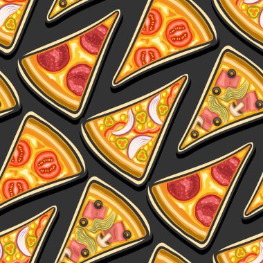Vektör Pizzasız Desen, kare tekrarlayan pizza arkaplanı, düz üçgen pizza dilimlerinin çizimleri koyu arkaplanda çeşitli şekillerde, pizzacı masa örtüsü deseni