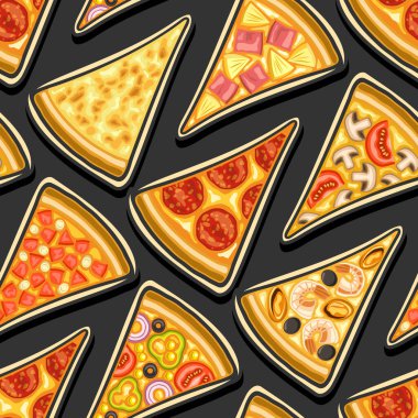 Vektör Pizzasız Desen, kare tekrarlayan pizza arkaplanı, düz üçgen pizza dilimlerinin çizimleri koyu arkaplanda çeşitli şekillerde, pizzacı masa örtüsü deseni