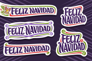İspanyol dilinde Mutlu Noeller için vektör seti, İspanyolca yazılı 5 kesik kağıt logo - Feliz Navidad (mutlu noeller), dekoratif süslemeler, mor arka planda altın çan ve ladin dalları.