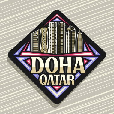 Doha için vektör logosu, siyah eşkenar dörtgen yol işareti alacakaranlıktaki gökyüzü arka planında fütüristik doha şehir manzarası çizimi, sanat tasarımı turist buzdolabı mıknatısı kelimeleri için eşsiz harflerle doha, qatar.