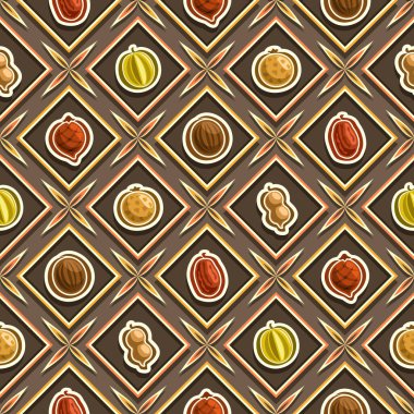Vektör Meyvesiz Desen, kare tekrarlayan meyve arka planı, koyu arka planda yaz meyvelerinin izole çizimleri, düz organik üretimli elmas dikişsiz desen hücrelerde taze organik ürünler yatar..