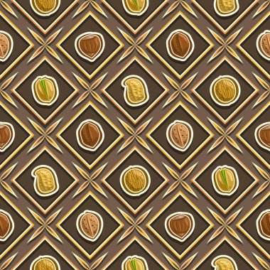 Vektör Cevizsiz Desen, kare tekerrür eden fındık arkaplan, kahverengi arka planda egzotik fındıkların izole çizimleri, düz organik üretimli elmas dikişli desen, romb hücrelerinde taze organik üretim yatıyordu.