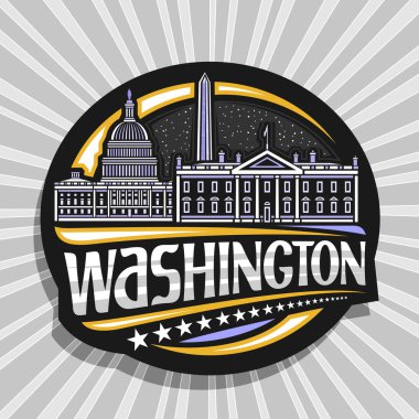 Washington için vektör logosu, Washington şehrinin alacakaranlık gökyüzü arka planında resmedilmiş resmi olan siyah dekoratif rozet, sanat tasarımı turist buzdolabı mıknatısı, Washington kelimesi için eşsiz harflerle..