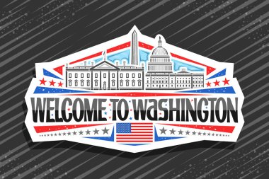 Washington için vektör logosu, Washington şehrinin ünlü gökyüzü arka planında çizgili tasviri ile dekoratif tabela, Washington 'a hoş geldiniz demek için eşsiz harfleriyle turist buzdolabı mıknatısı..