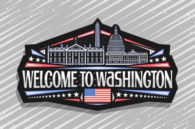 Washington için vektör logosu, alacakaranlık gökyüzü arka planında ünlü Washington şehrinin resimli siyah dekoratif etiketi, sanat tasarımı buzdolabı mıknatısı, kelime kelime Washington 'a hoş geldiniz