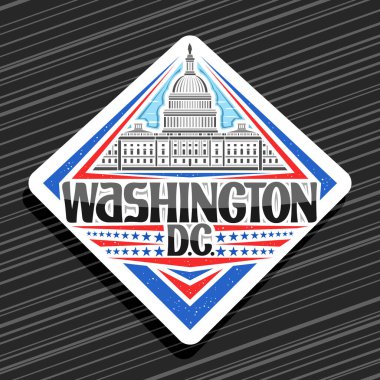 Washington için vektör logosu, beyaz eşkenar dörtgen rozet Capitol Binası 'nın gündüz arkaplan çizimi, sanat tasarımı turist buzdolabı mıknatısı Washington D.C. için eşsiz harflerle..