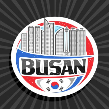 Busan için vektör logosu, dekoratif daire rozeti. Gündüz gökyüzü arka planında Busan kentsel manzara tasarımı, sanat tasarımı turist buzdolabı mıknatısı. Siyah Busan için eşsiz harflerle..