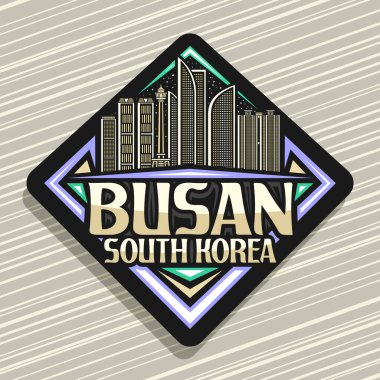 Busan için vektör logosu, Busan için siyah eşkenar yol işareti alacakaranlık gökyüzü arka planında ünlü Busan şehir manzarası, sanat tasarımı turist buzdolabı mıknatısı Busan, Güney Kore için eşsiz harflerle.