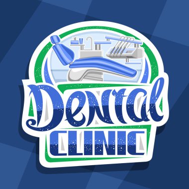 Diş Kliniği için vektör logosu, dekoratif kesim kağıt tabela tabelaları, endodontik diş dolabının resimli hali, sanat tasarım rozeti mavi arka planda diş kliniği için kullanılan kelimeler için benzersiz fırça harfleri..