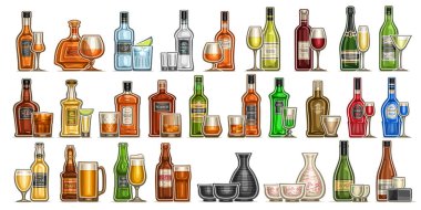 Vektör Alkol Seti, şişelerde ve bardaklarda sert içki, şarap kadehinde kırmızı ve beyaz kaliteli şarap, bira bardağında soğuk bira ve bira, Japon bardağında pirinç sakesi gibi sert ruhların çeşitli çizimleri.