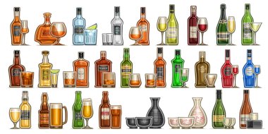 Vector Alcohol Set, variety cut out illustrations of hard spirit drinks in bottles and glasses, red and white premium wine in wineglass, cold ale and lager in pint mug, rice sake in japanese glassware clipart