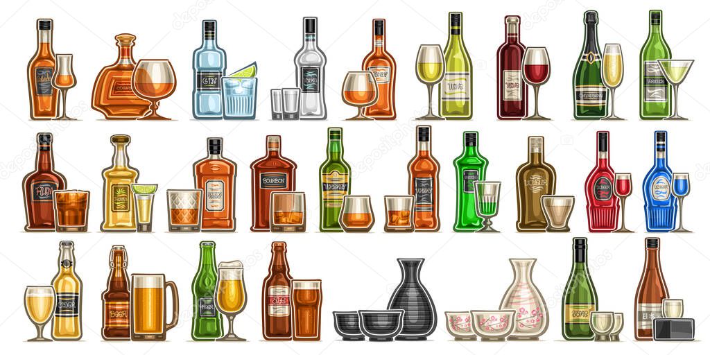 Vector Alcohol Set, variety cut out illustrations of hard spirit drinks in bottles and glasses, red and white premium wine in wineglass, cold ale and lager in pint mug, rice sake in japanese glassware